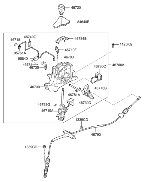 2014 Hyundai Sonata Hybrid Automatic Transmission Lever Cable Assembly Diagram for 46790-4R000