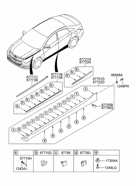 2013 Hyundai Sonata Hybrid Body Side Moulding Diagram