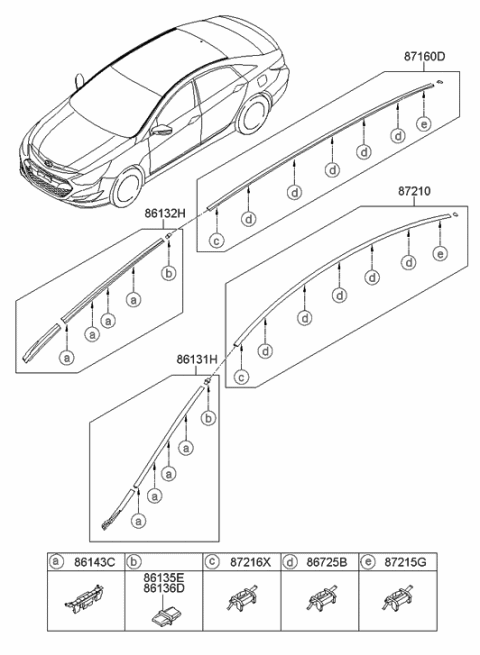 2012 Hyundai Sonata Hybrid Clip-Roof MOULDING Diagram for 87216-3S020