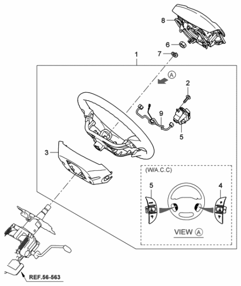 2006 Hyundai Entourage Steering Wheel Lower Cover Assembly Diagram for 56140-4D511-CS