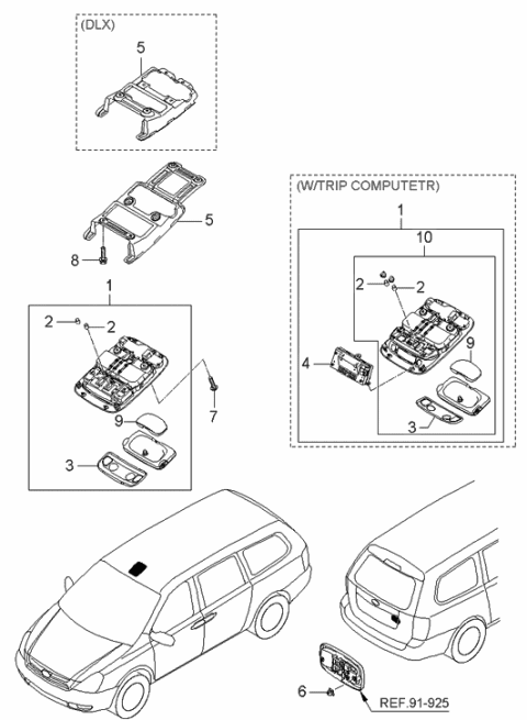 2006 Hyundai Entourage Overhead Console Lamp Assembly Diagram for 92810-4D132-TW