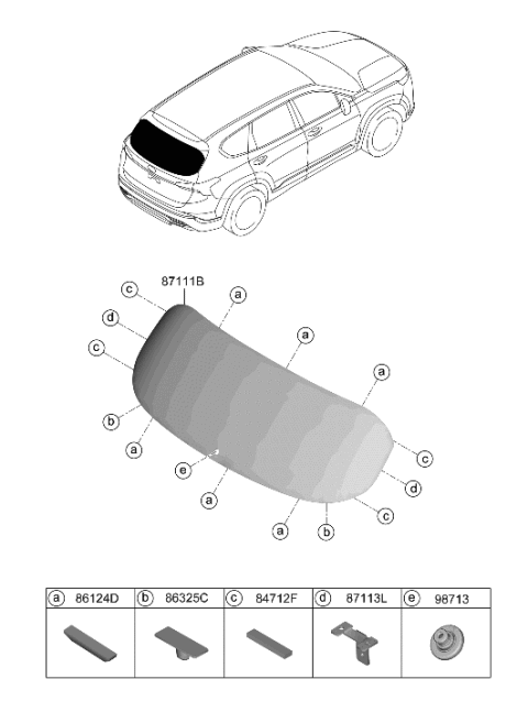 2023 Hyundai Santa Fe Hybrid Rear Window Glass & Moulding Diagram