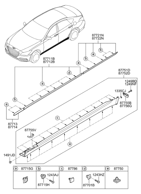2020 Hyundai Genesis G80 Clip-Waist Line Moulding Mounting Diagram for 87714-FD200