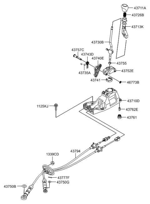 2008 Hyundai Accent Manual Transmission Lever Cable Assembly Diagram for 43794-1E100