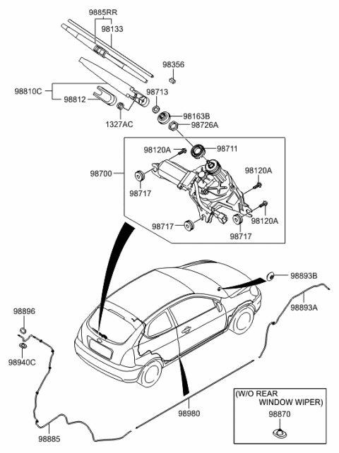 2006 Hyundai Accent Rear Window Wiper Blade Assembly Diagram for 98360-1G001