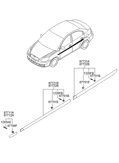 2010 Hyundai Accent Clip-Waist Line Moulding Mounting Diagram for 87758-1E510