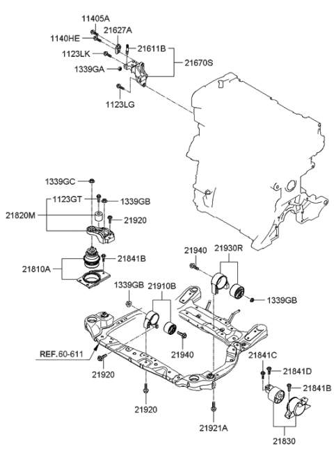 2009 Hyundai Accent Transaxle Mounting Bracket Assembly Diagram for 21830-1G000