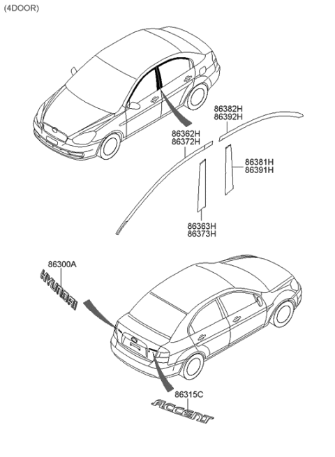 2006 Hyundai Accent Black Tape-Front Door Frame Upper Diagram for 86362-1E201