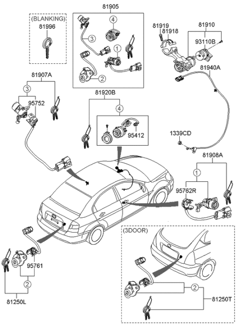 2008 Hyundai Accent Key & Cylinder Set Diagram
