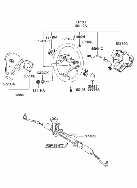 2007 Hyundai Accent Steering Wheel Assembly Diagram for 56110-1E925-WK