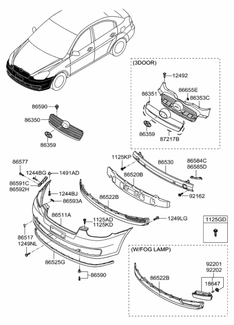 2009 Hyundai Accent Radiator Grille Diagram for 86361-1E000