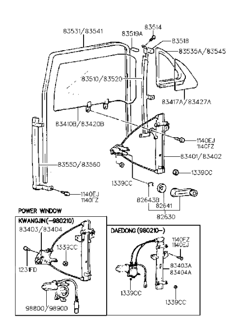 1998 Hyundai Elantra Rear Left Power Window Regulator Assembly Diagram for 83401-29000