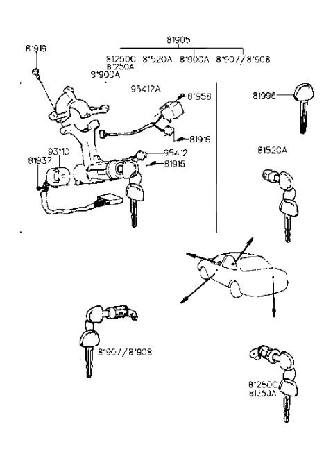 1995 Hyundai Elantra Key & Cylinder Set Diagram