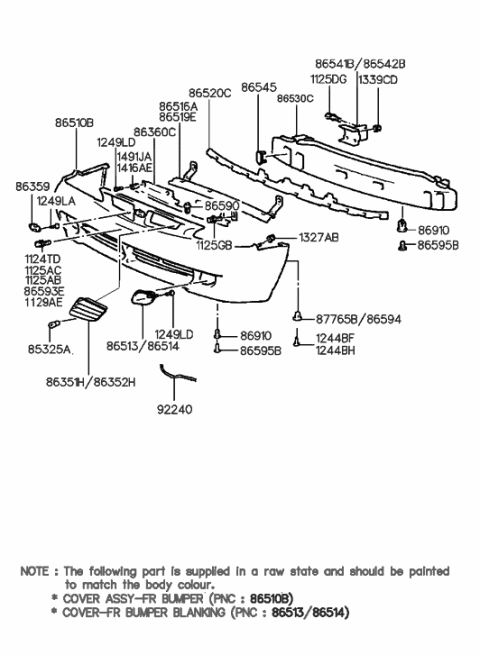 1995 Hyundai Elantra Front Bumper Cover Assembly Diagram for 86510-29040