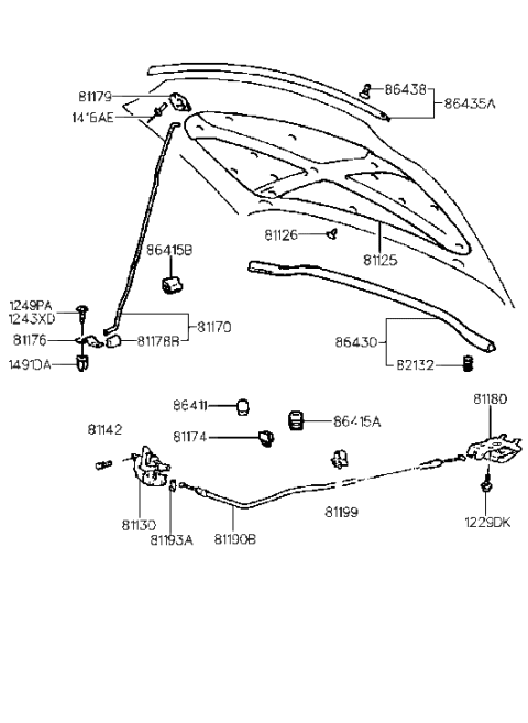 1998 Hyundai Elantra Latch Assembly-Hood Diagram for 81130-29001