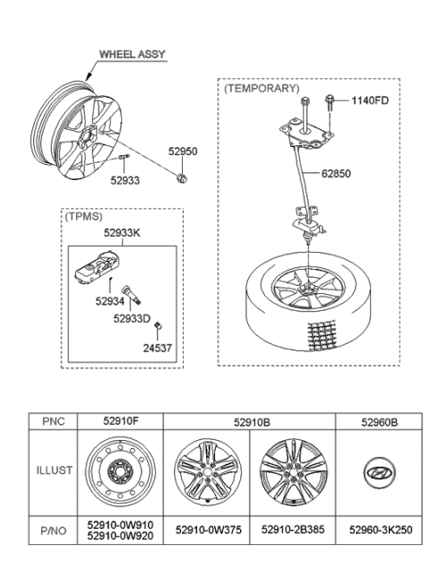 2011 Hyundai Santa Fe Wheel Rim 18 5-Double Spoke Design Diagram for 52910-2B385