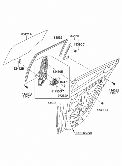 2012 Hyundai Veloster Rear Door Window Regulator & Glass Diagram