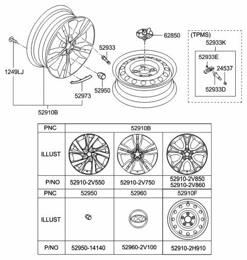 2017 Hyundai Veloster Wheel Assembly Aluminium Diagram for 52905-2V750-ZD6