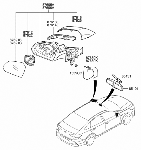 2019 Hyundai Sonata Hybrid Mirror Assembly-Outside Rear View,RH Diagram for 87620-E6070