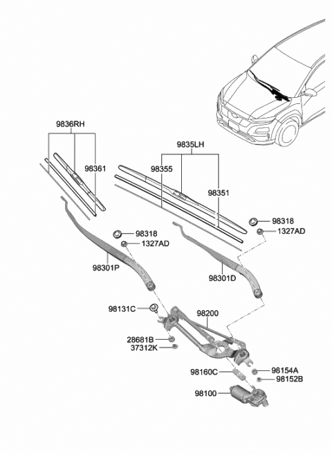 2020 Hyundai Kona Electric Crank Arm-Windshield WIPER Motor Diagram for 98160-3X000