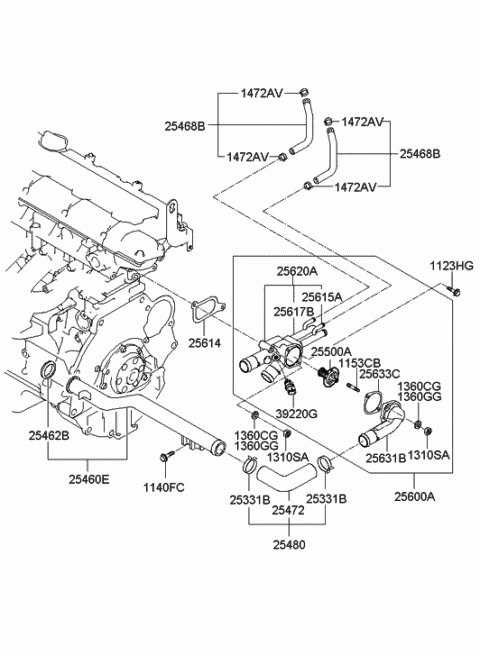 2008 Hyundai Tiburon Pipe & O-Ring Assembly-Water Inlet Diagram for 25460-23000