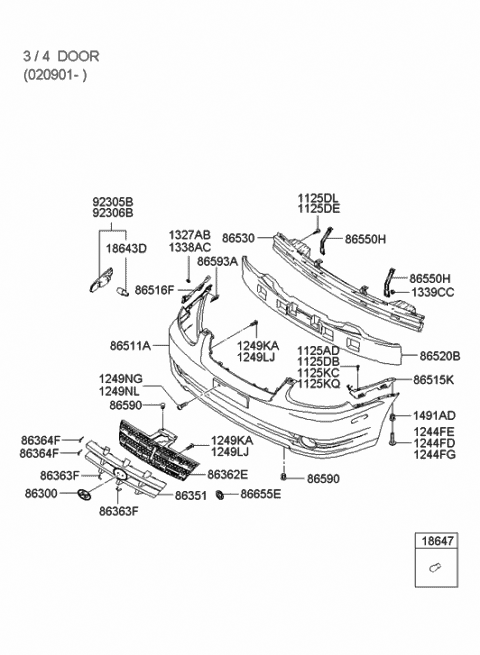 2000 Hyundai Accent Front Bumper Cover Diagram for 86511-25660