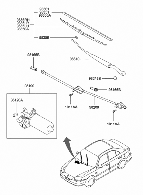 2003 Hyundai Accent Windshield Wiper Blade Assembly Diagram for 98360-25600