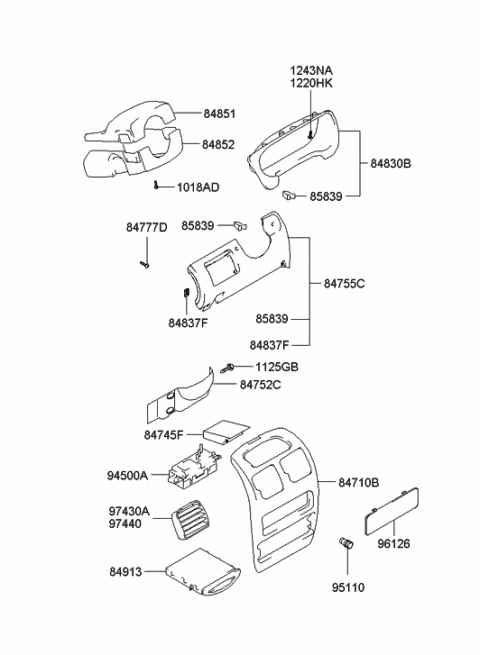 2001 Hyundai Accent Steering Column Lower Shroud Diagram for 84852-25200-LT