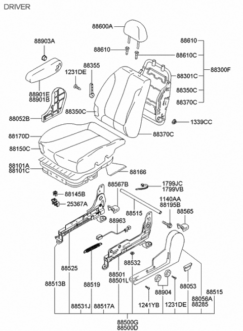 2005 Hyundai Accent Front Driver Side Seat Back Covering Diagram for 88360-25600-FRP