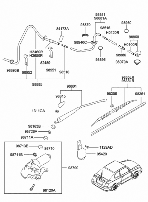 2002 Hyundai Accent Wiper Blade Assembly Diagram for 98360-22020