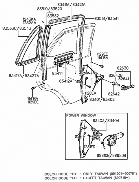 1992 Hyundai Sonata Rear Door Window Reg & Glass Diagram
