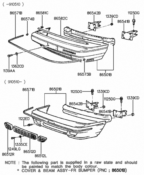 1988 Hyundai Sonata Front Bumper Cover And Beam Assembly Diagram for 86501-33052