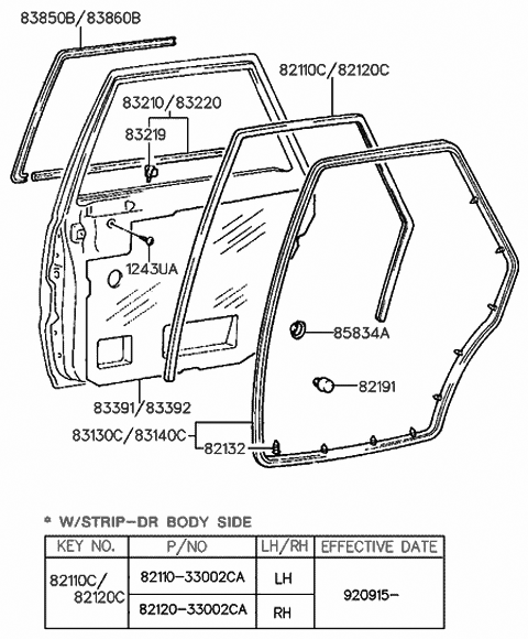 1989 Hyundai Sonata Moulding Assembly-Rear Door Frame,RH Diagram for 83860-33000