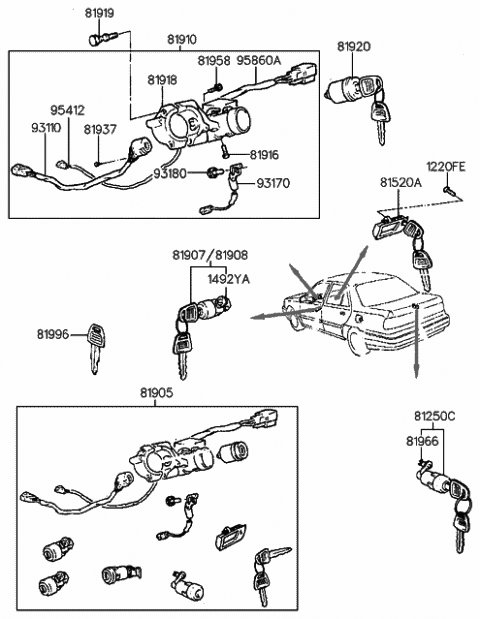 1990 Hyundai Sonata Key & Cylinder Set Diagram