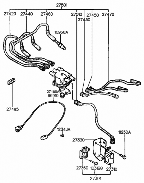 1991 Hyundai Sonata Spark Plug & Cable (I4,SOHC) Diagram 1