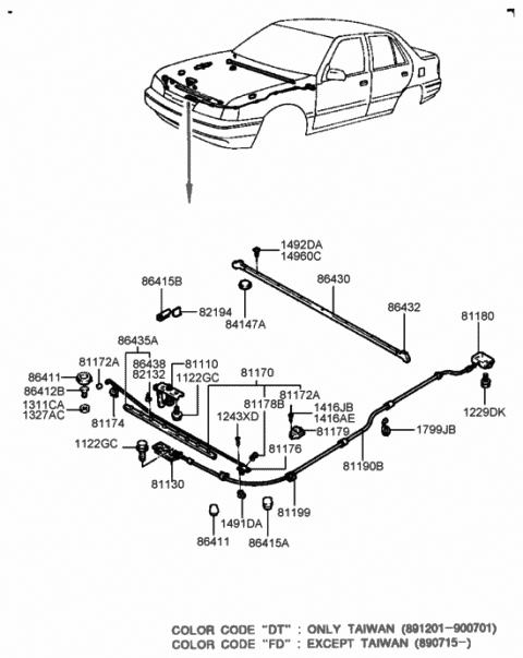 1992 Hyundai Sonata Cable Assembly-Hood Latch Release Diagram for 81190-33200