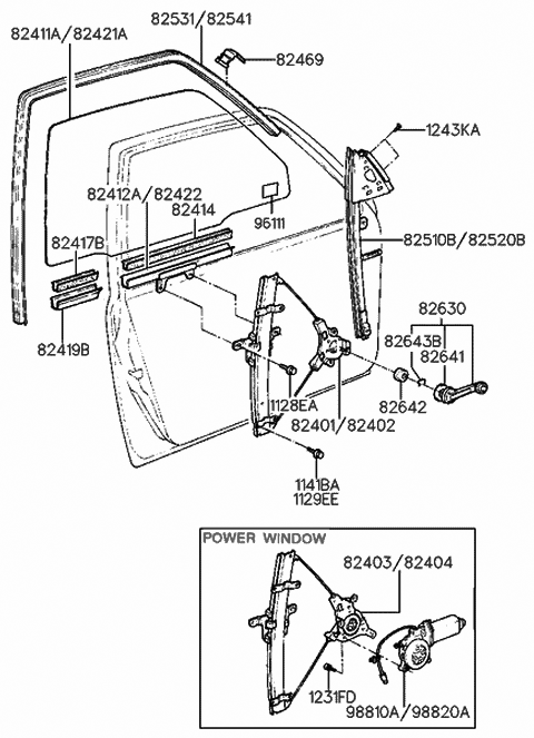 1991 Hyundai Sonata Front Door Window Regulator & Glass Diagram