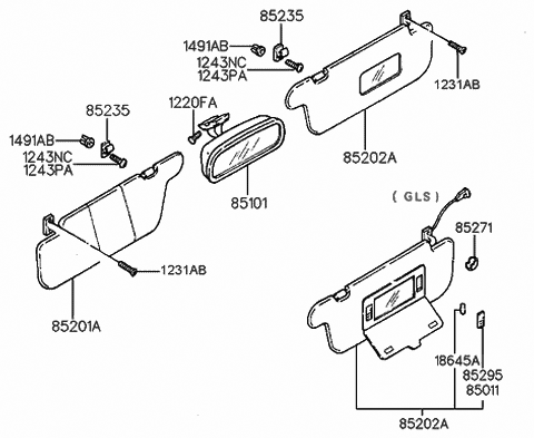 1992 Hyundai Sonata Sun Visor Assembly, Left Diagram for 85201-33100-AW