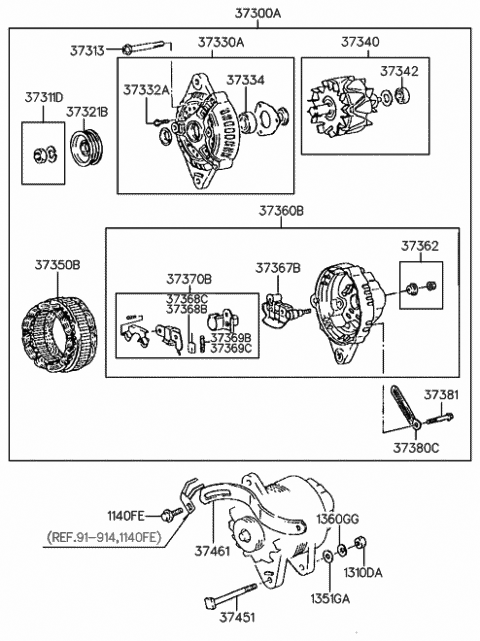 1991 Hyundai Sonata Generator Assembly Diagram for 37300-32510
