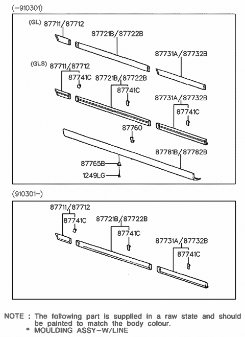 1990 Hyundai Sonata Clip-Side Sill Moulding Mounting Diagram for 87760-33000