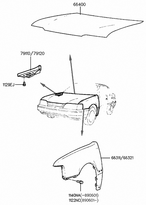 1991 Hyundai Sonata Fender & Hood Panel Diagram