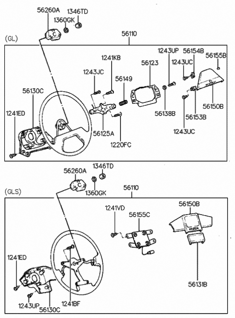 1990 Hyundai Sonata Steering Wheel Assembly Diagram for 56100-33500-AU