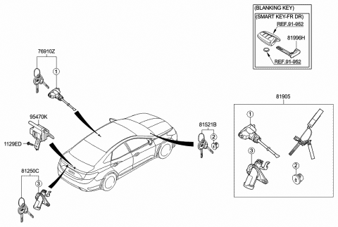2011 Hyundai Azera Lock Key & Cylinder Set Diagram for 81905-3V120