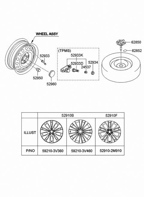 2011 Hyundai Azera Aluminium Wheel Assembly Diagram for 52910-3V460