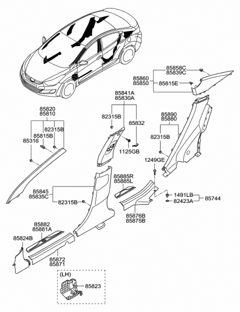 2011 Hyundai Elantra Trim Assembly-Front Pillar RH Diagram for 85820-3Y000-TX