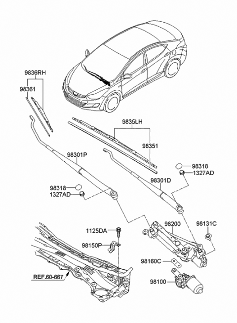 2012 Hyundai Elantra Wiper Blade Rubber Assembly(Passenger) Diagram for 98361-3X100
