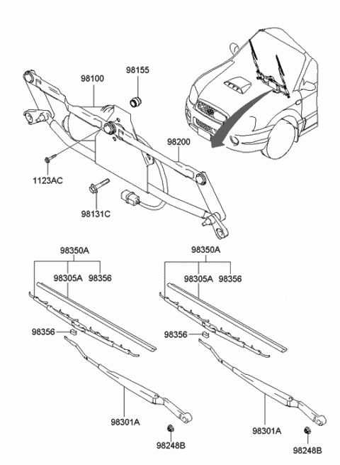 2001 Hyundai Santa Fe Windshield Wiper Blade Assembly Diagram for 98360-26060