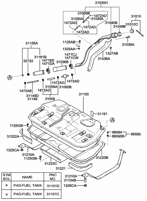 2001 Hyundai Santa Fe Fuel Filler Gas Cap Diagram for 31010-38100