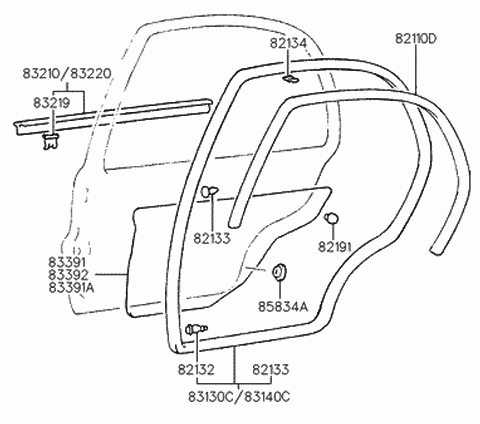 1997 Hyundai Accent Weatherstrip Assembly-Rear Door Belt Outside RH Diagram for 83220-22000