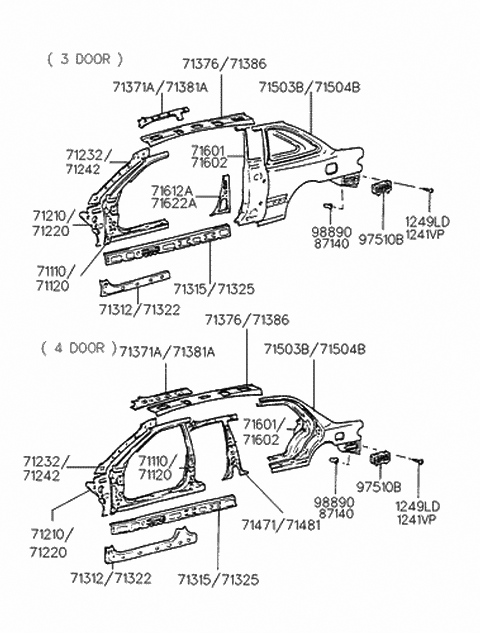 1994 Hyundai Accent Panel Assembly-Quarter Inner,RH Diagram for 71602-22300